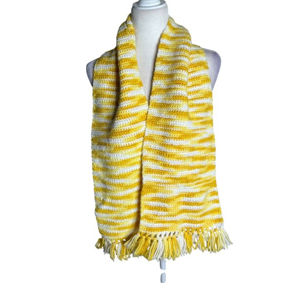 Handmade Yellow White Crochet Knit Striped Scarf With Fringe - Picture 3 of 3